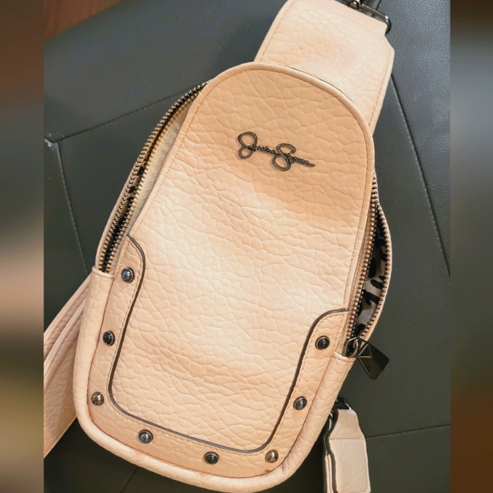 Jessica Simpson Sling Bag Tan, Leather, Black hardware, zipper, adjustable